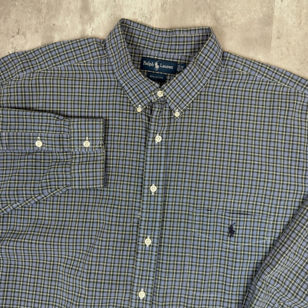 Ralph Lauren Shirt Men 3XB Blue Plaid 100% Cotton Stretch Pony 3XL 3X Big Polo